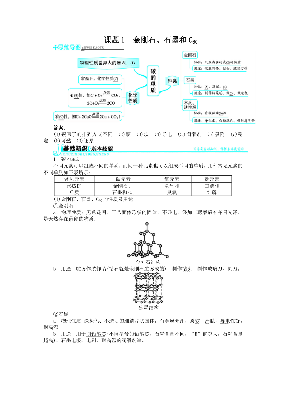 新人教版九年級化學(xué)上冊例題精講：第6單元 課題1金剛石、石墨和C60_第1頁