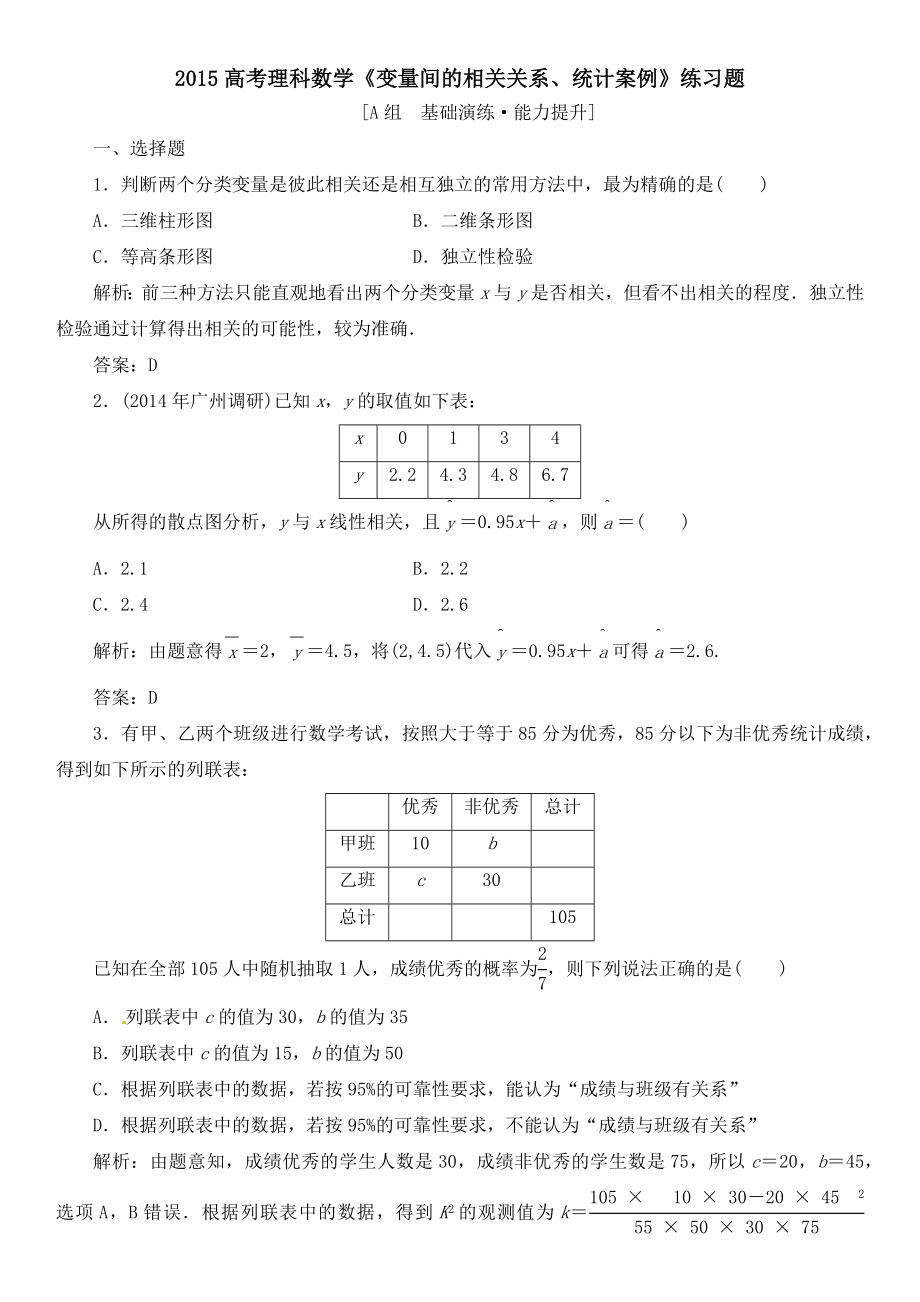 2015高考理科數(shù)學《變量間的相關(guān)關(guān)系、統(tǒng)計案例》練習題_第1頁