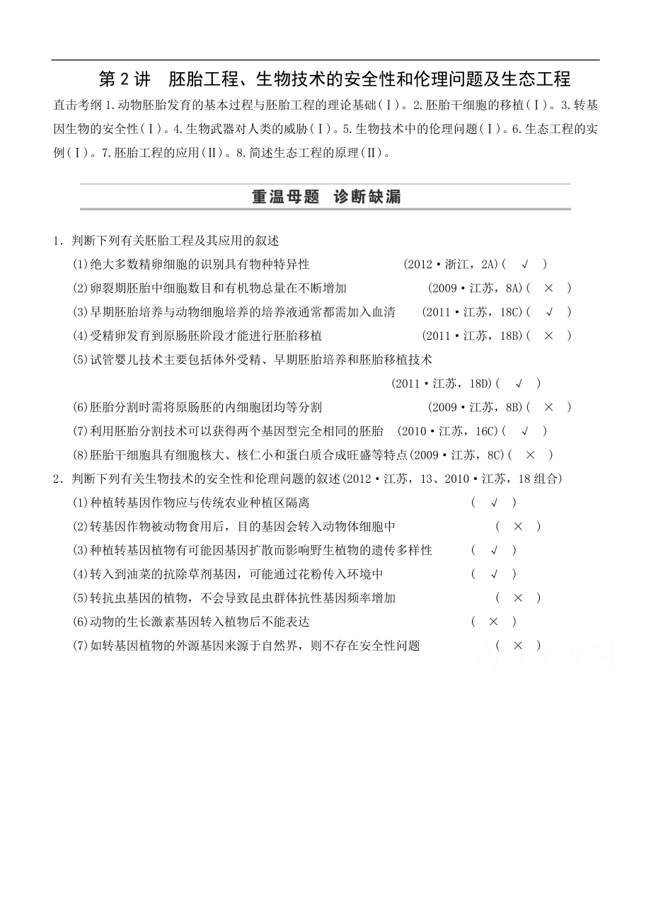 2015届高三生物二轮同步训练：《胚胎工程、生物技术的安全性和伦理问题及生态工程》_第1页