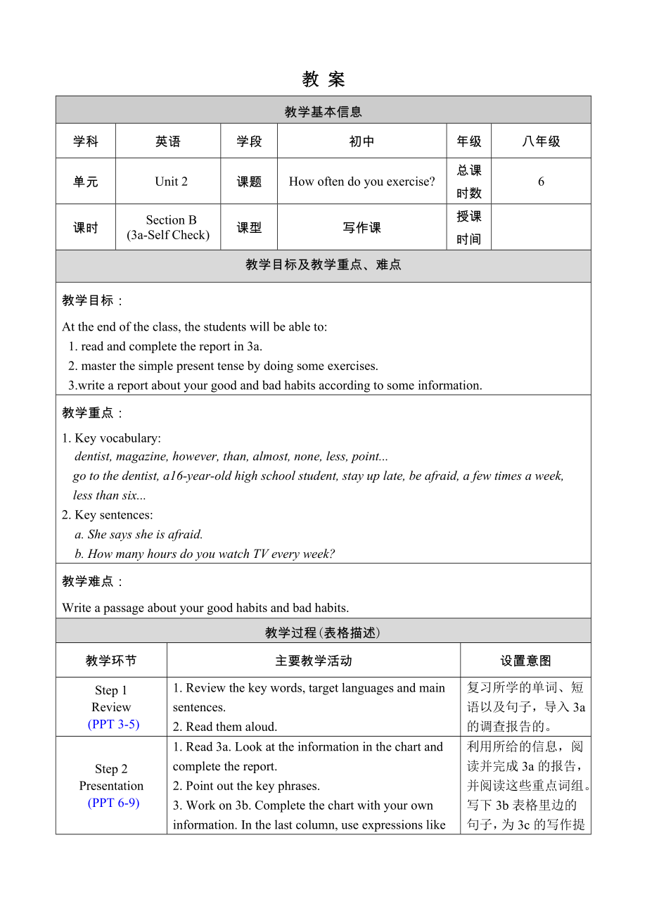 人教新目標(Go for it)版八年級上冊Unit 2 How often do you exercise-Section B 3a-Self Check表格式教案_第1頁