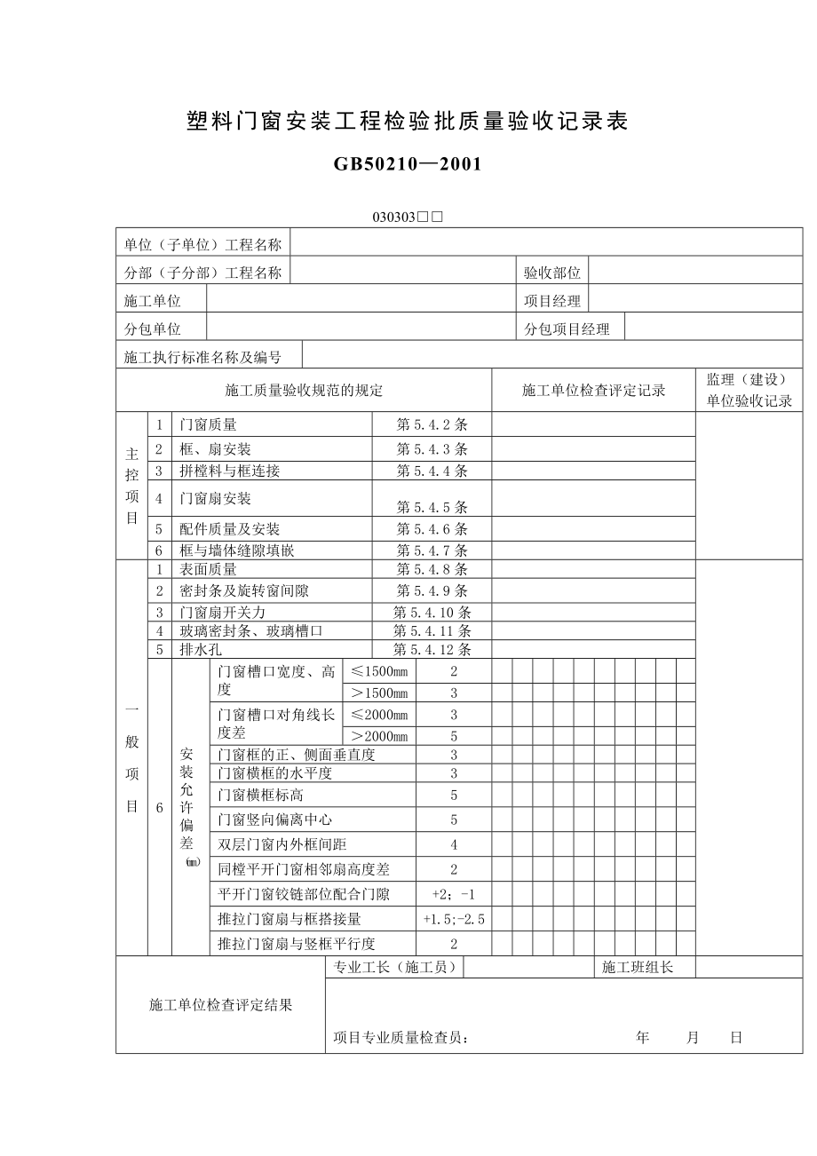 塑料门窗安装工程检验批质量验收记录表表格模板、doc格式_第1页