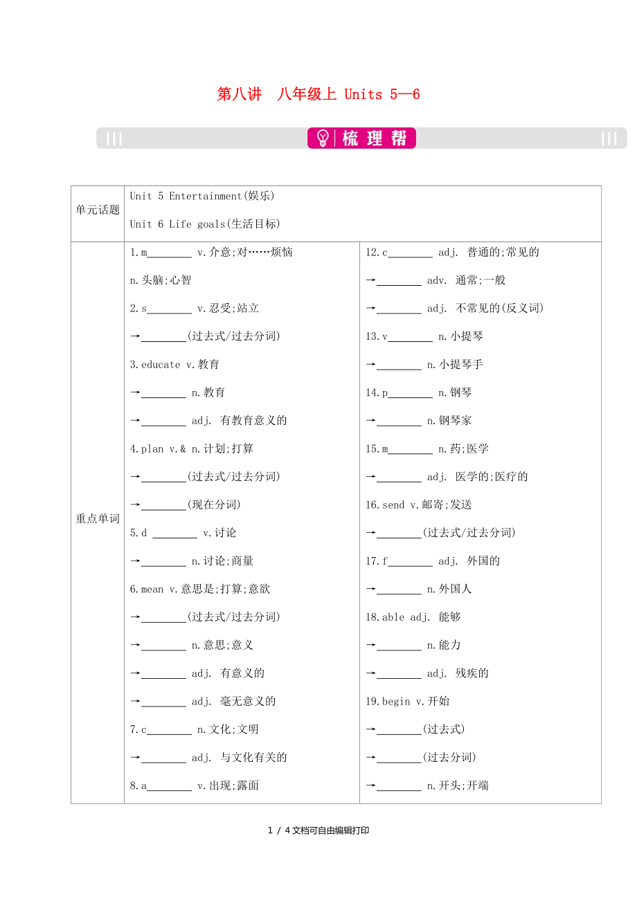 安徽省中考英语总复习第一部分考点知识过关第八讲八上Units56梳理新版人教新目标版_第1页