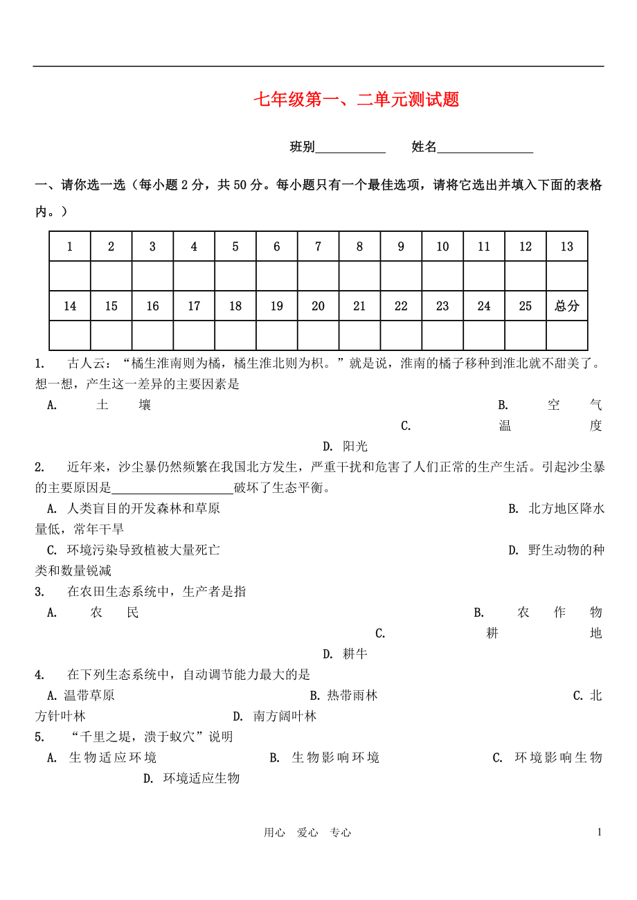 七年級生物上冊 第一二單元測試題 人教新課標(biāo)版_第1頁