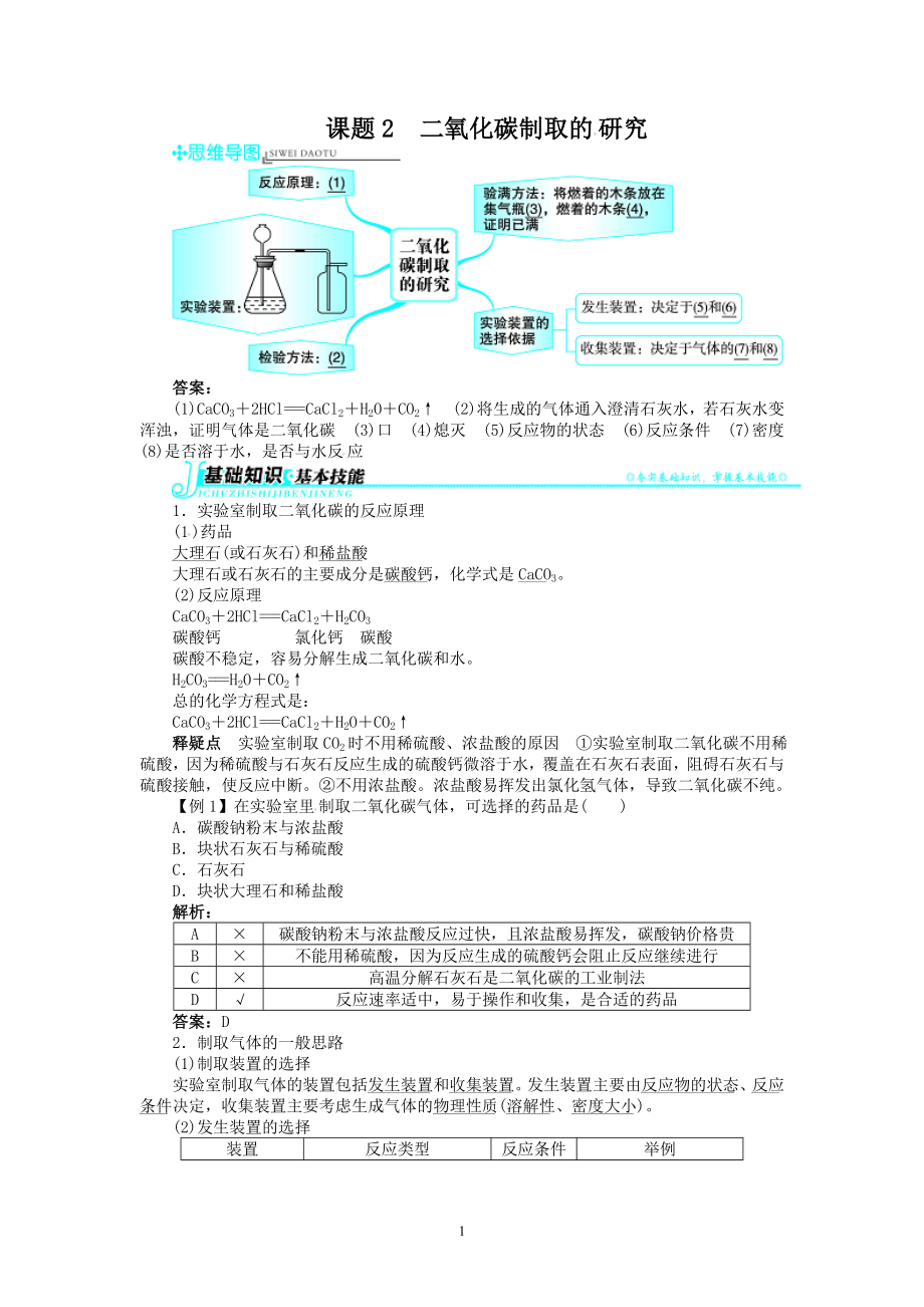 新人教版九年级化学上册例题精讲：第6单元 课题2二氧化碳制取的研究_第1页