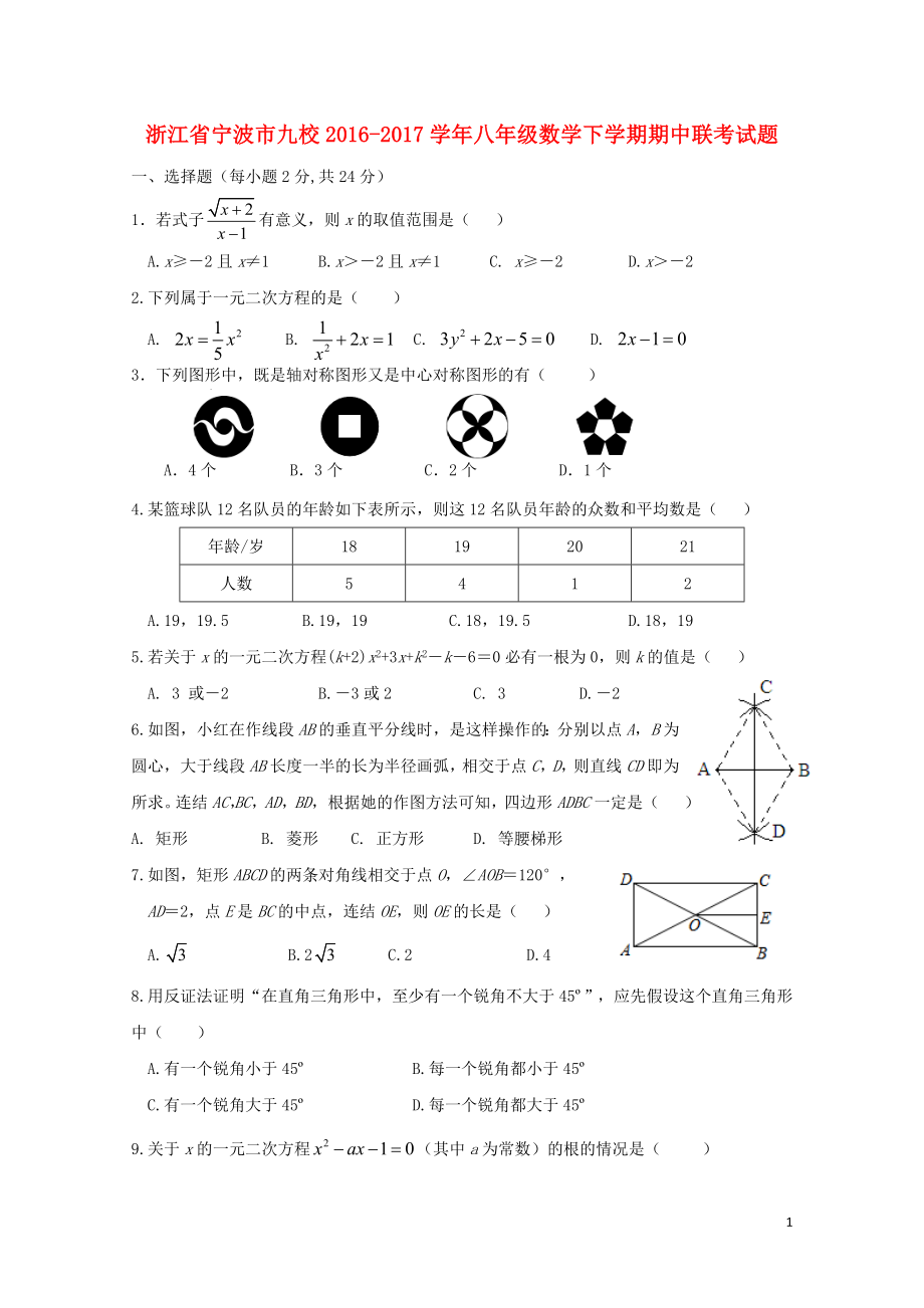 浙江省宁波市九校八年级数学下学期期中联考试题1101374_第1页