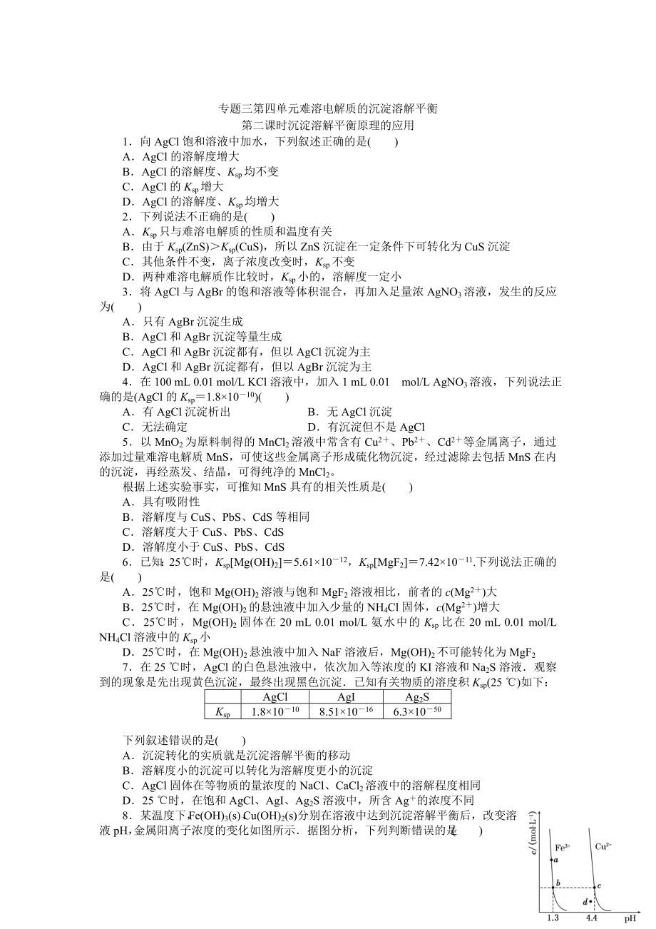 高二化學(xué)蘇教版選修四作業(yè)：專題3 第4單元第2課時(shí) 難溶電解質(zhì)的沉淀溶解平衡的應(yīng)用_第1頁(yè)