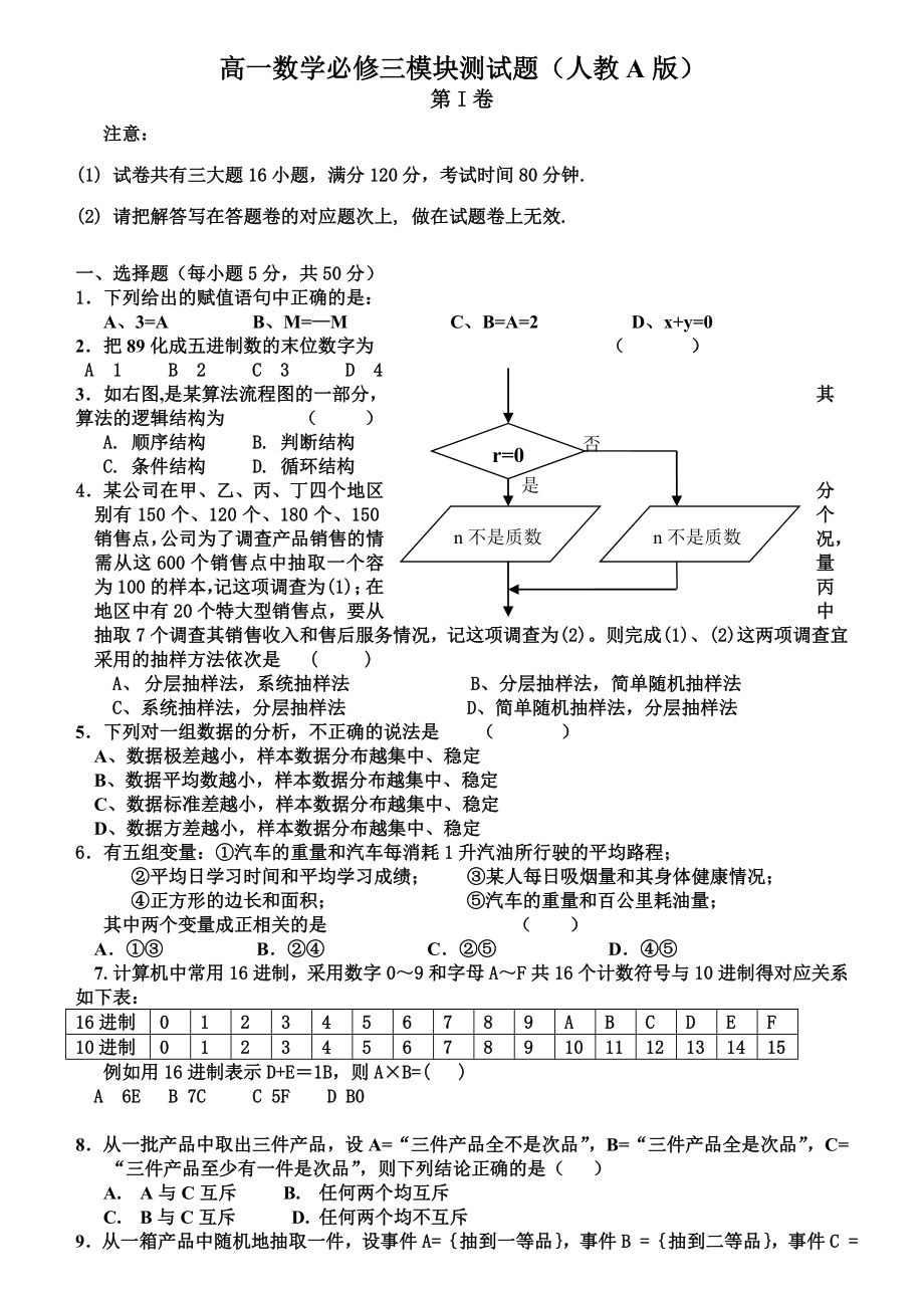 高一数学必修三模块测试题(人教A版)_第1页