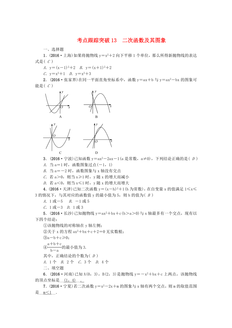 陜西地區(qū)中考數(shù)學(xué)第3章 函數(shù)及其圖象 跟蹤突破13 二次函數(shù)及其圖象試題_第1頁