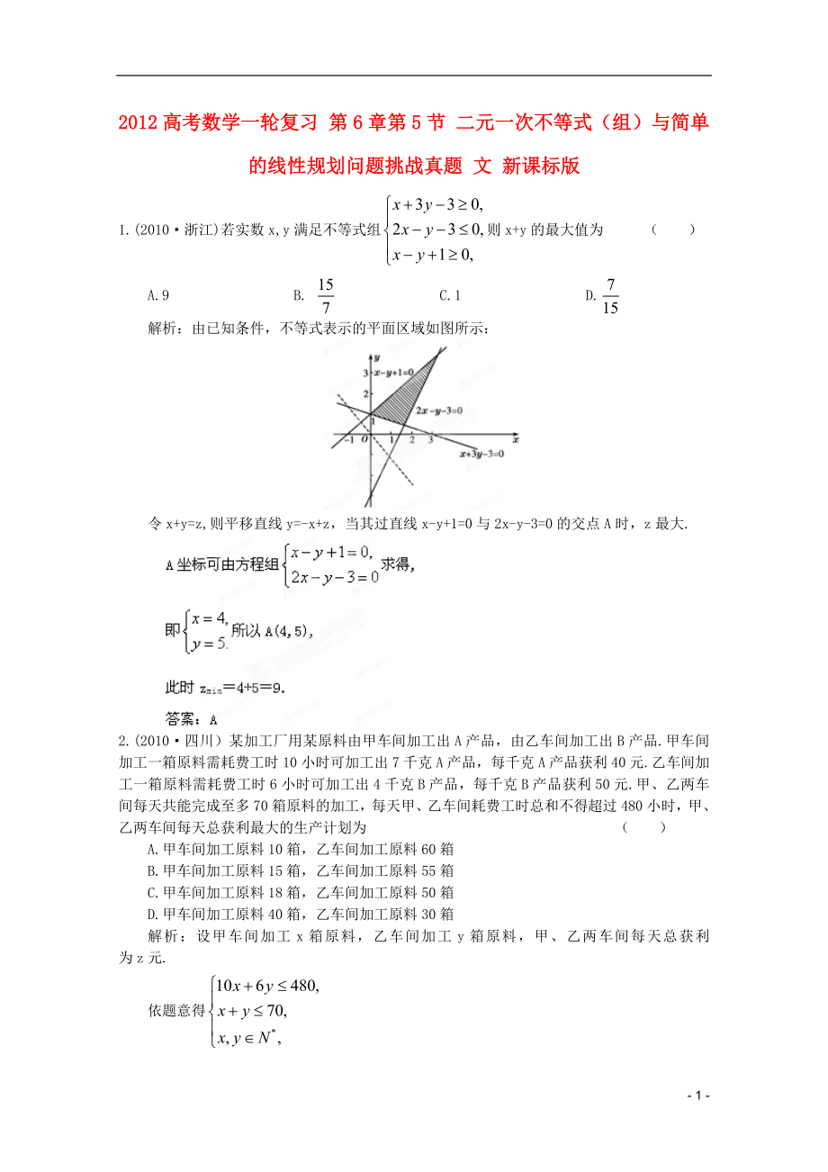 2012高考数学一轮复习 第6章第5节 二元一次不等式（组）与简单的线性规划问题挑战真题 文 新课标版_第1页