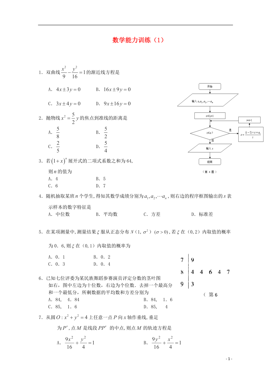 2012-2013學(xué)年高二數(shù)學(xué)第一學(xué)期 能力訓(xùn)練（1）_第1頁