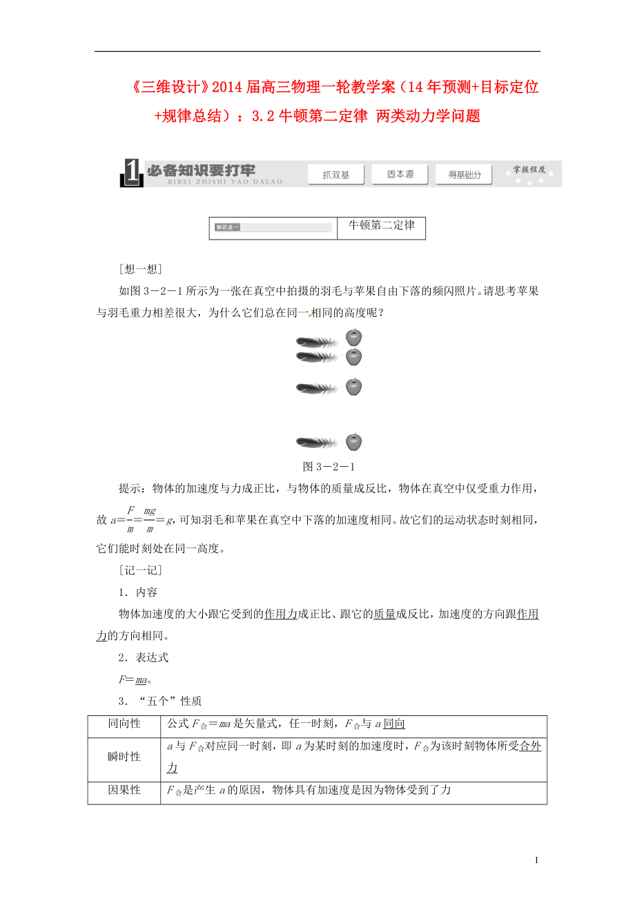 【三維設(shè)計(jì)】2014屆高三物理一輪 （14年預(yù)測 目標(biāo)定位 規(guī)律總結(jié)） 3.2牛頓第二定律 兩類動力學(xué)問題教學(xué)案 新人教版_第1頁