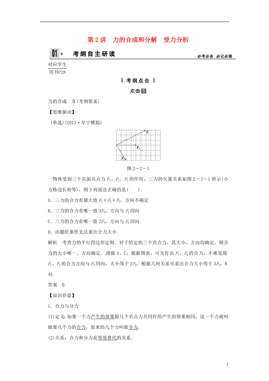 【創(chuàng)新設(shè)計】2014屆高考物理一輪 （考綱自主研讀 命題探究 高考全程解密） 第2講力的合成和分解 受力分析（含解析） 新人教版_第1頁