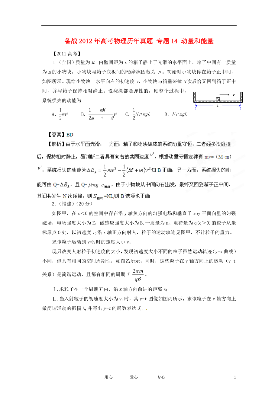 【備戰(zhàn)2012】高考物理歷年真題 專題14 動(dòng)量和能量_第1頁(yè)