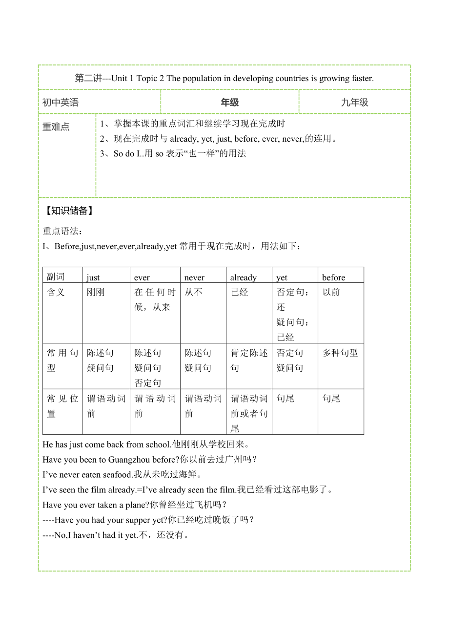 仁愛版英語九年級上冊 Unit1 Topic2 The population in developing countries is growing faster. 復(fù)習(xí)講義（無答案）_第1頁