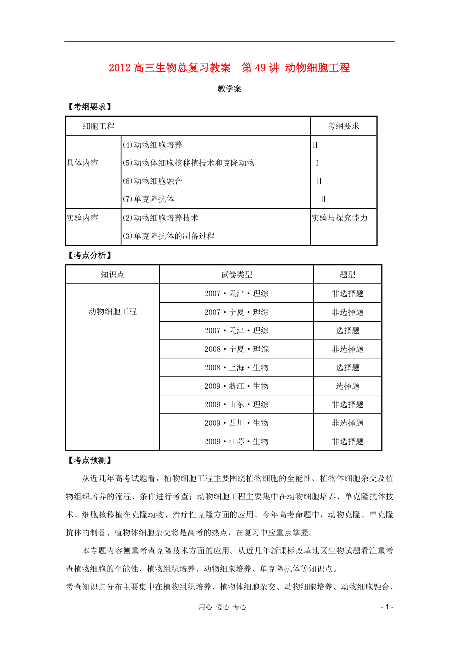 2012高三生物總復習 第49講 動物細胞工程教案_第1頁