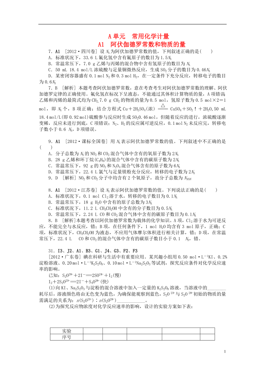 2012年高考化学 高考试题 模拟新题分类汇编专题1 常用化学计量_第1页