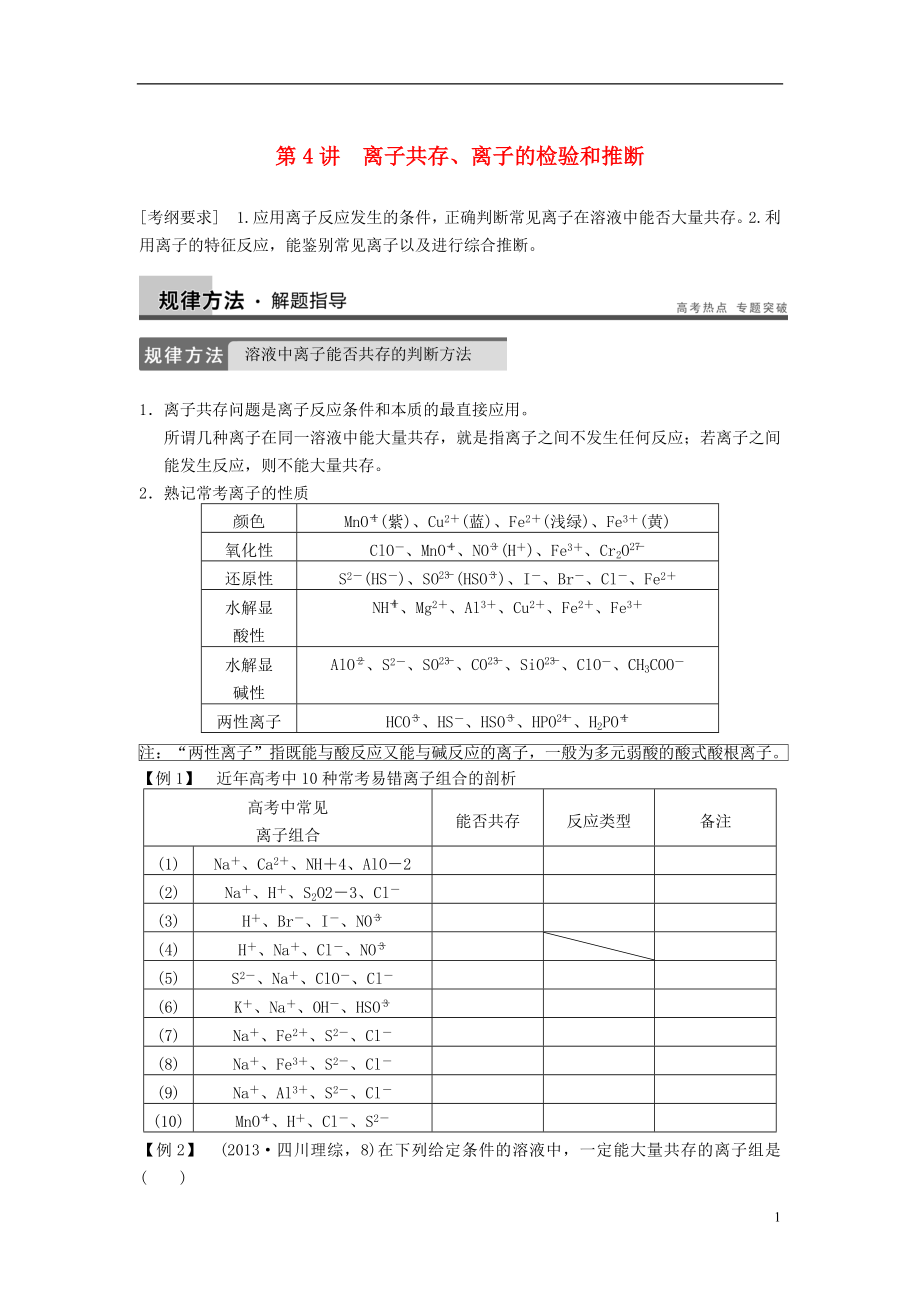 安徽省蚌埠鐵中2014屆高考化學(xué)一輪復(fù)習(xí)（夯實(shí)基礎(chǔ) 配配套規(guī)范訓(xùn)練卷）《專題2第4講 離子共存、離子的檢驗(yàn)和推斷》 新人教版_第1頁(yè)