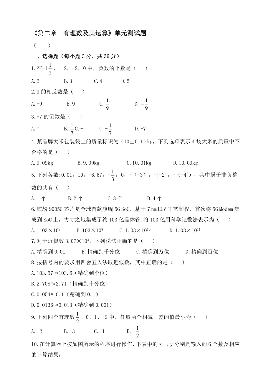 2021-2022學(xué)年七年級數(shù)學(xué)蘇科版上冊《第二章有理數(shù)及其運(yùn)算》單元測試題 【含答案】_第1頁