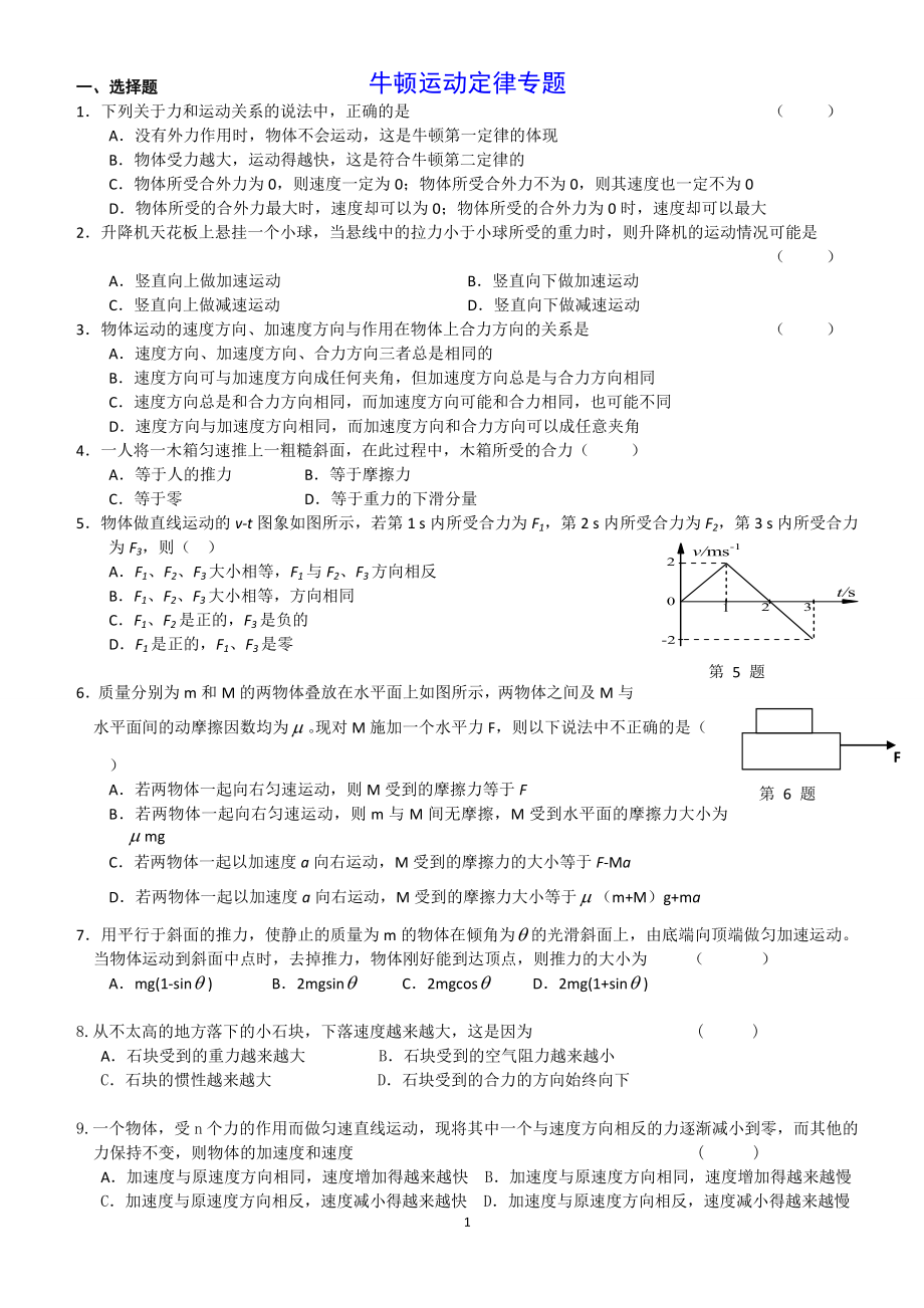 牛顿运动定律练习题经典习题汇总_第1页