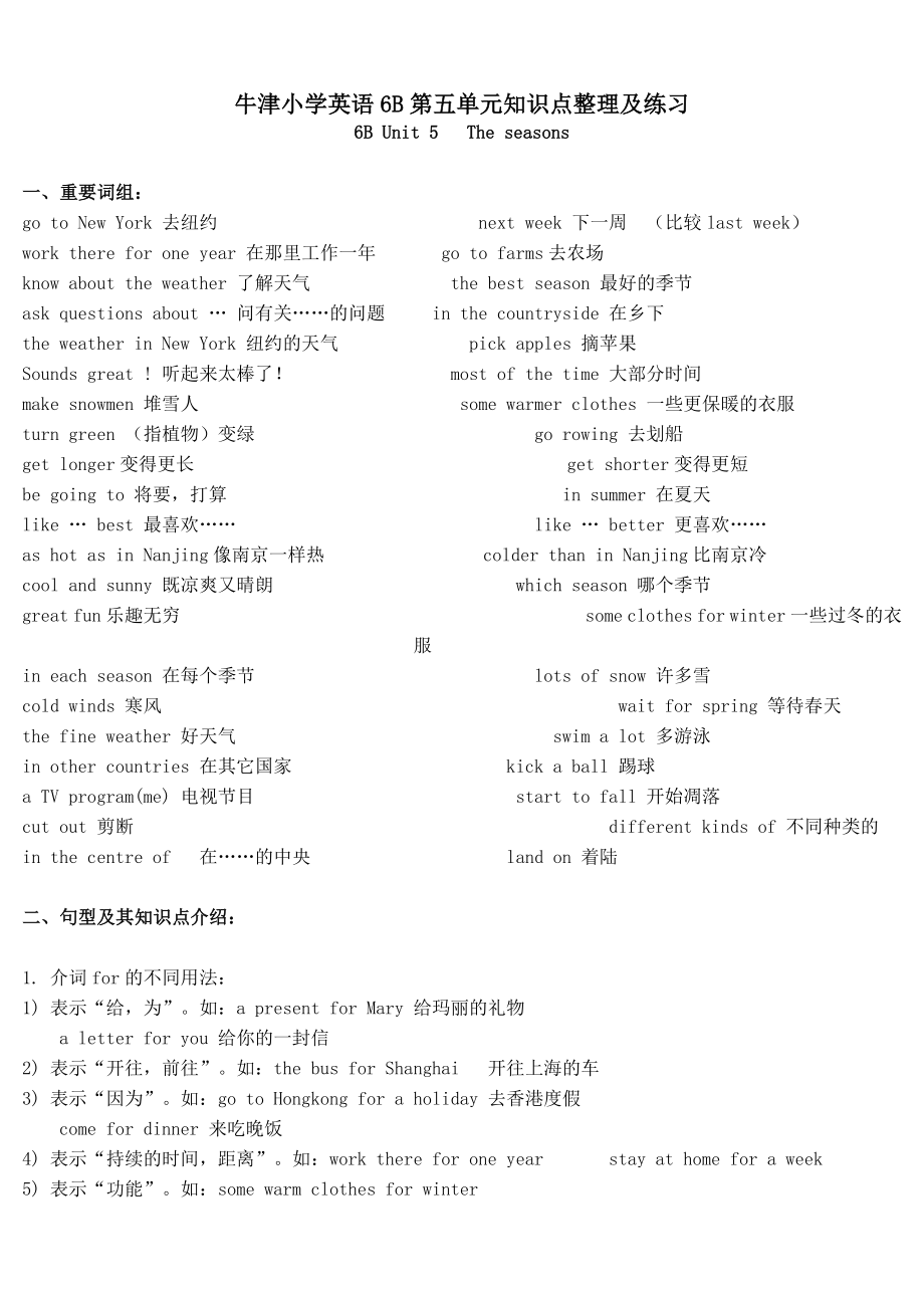 牛津小学英语6B第五单元unit5知识点整理及练习_第1页