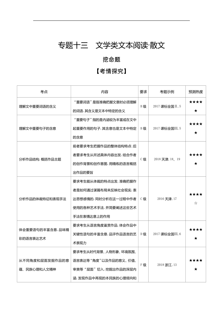 高考語文二輪專題復習教案：專題十三 文學類文本閱讀散文 Word版含解析_第1頁