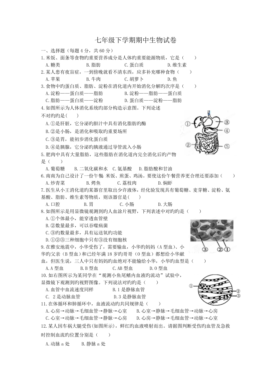 七年级下学期生物期中试题及答案_第1页