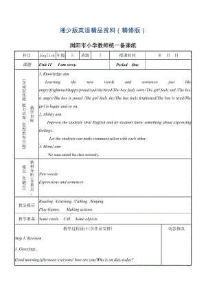 【湘少版】英語五年級(jí)上冊(cè)：Unit 11 I’m sorry教案精修版
