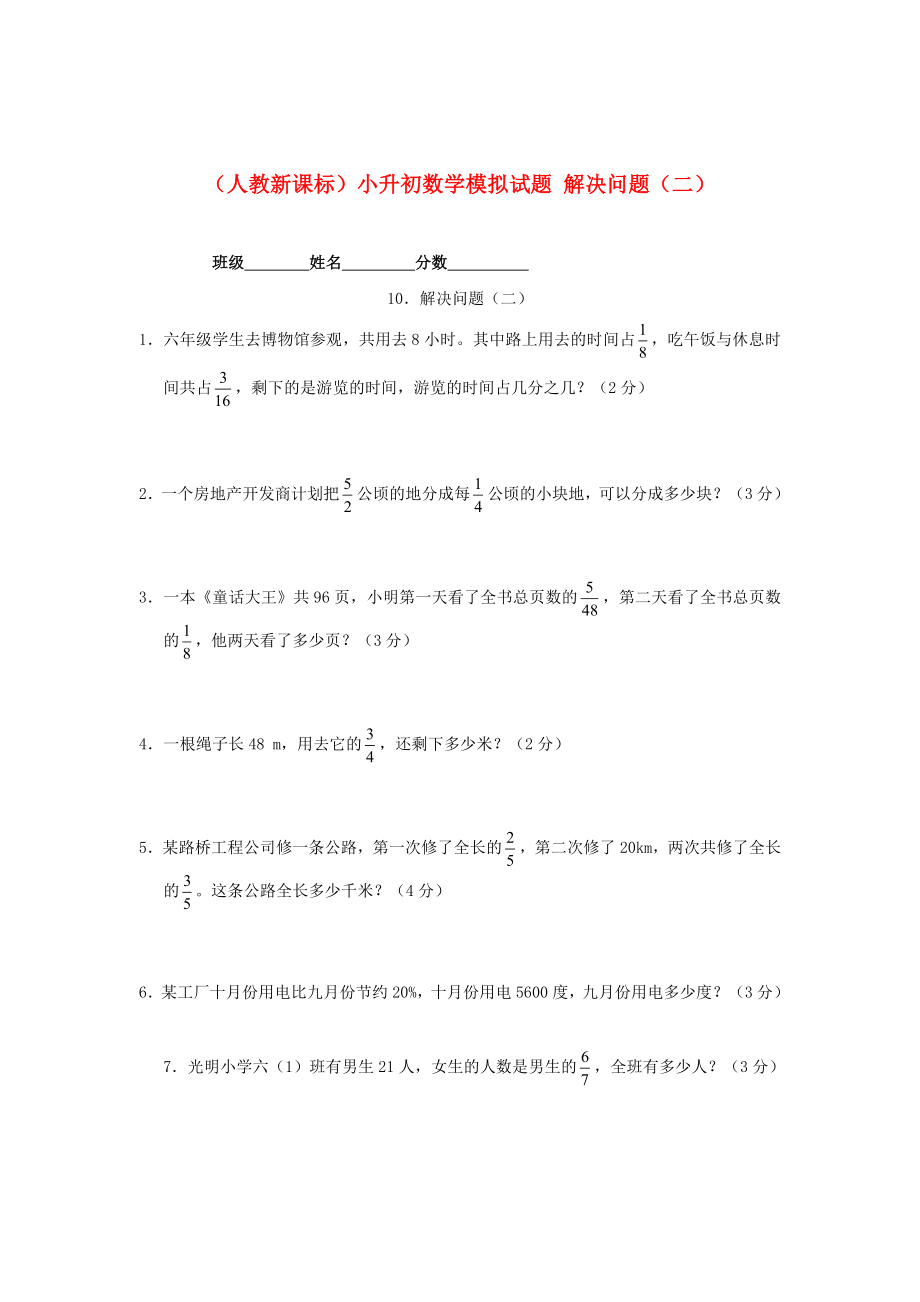 人教版六年级数学小升初专题练习：解决问题二_第1页