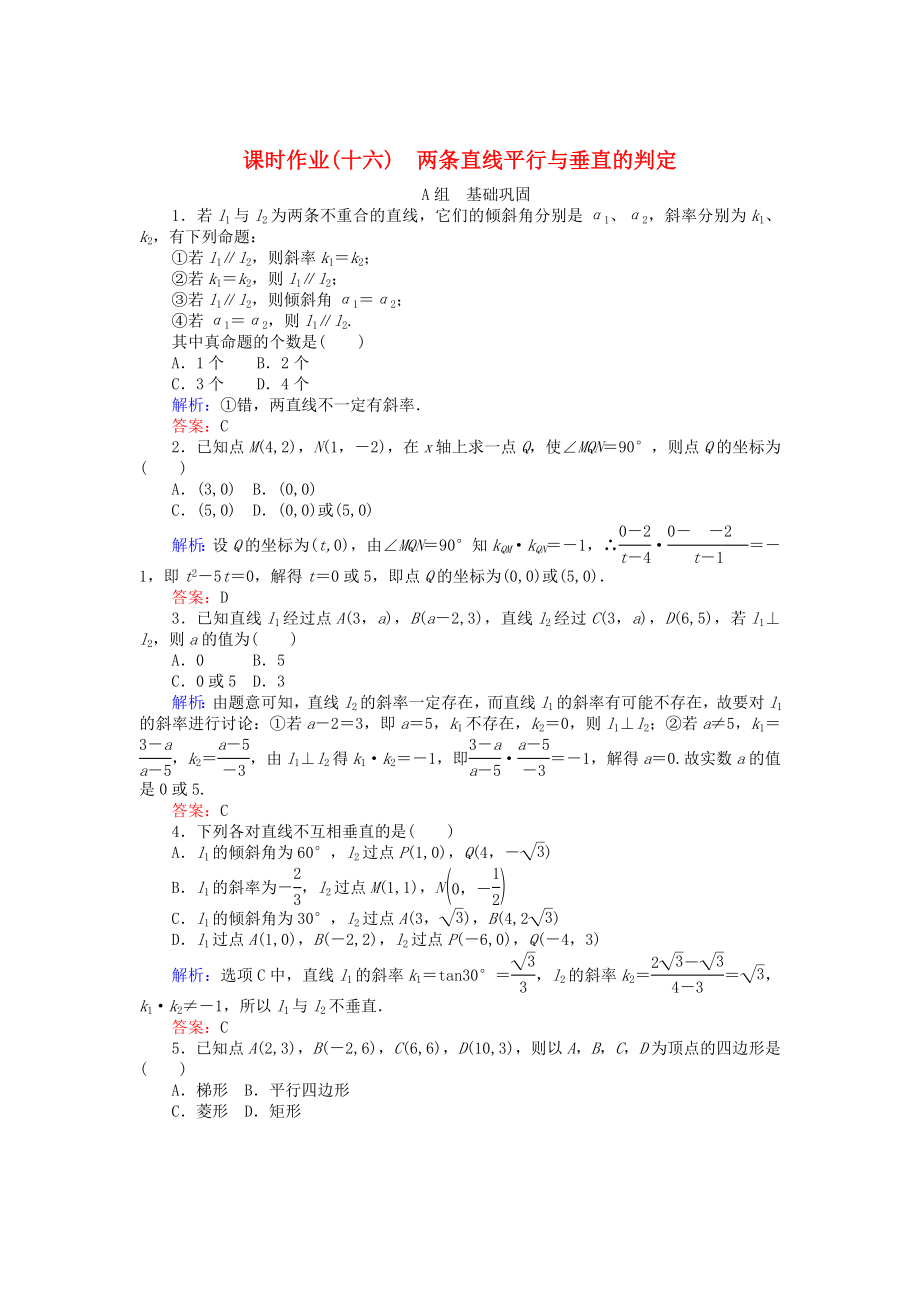 精修版高中數(shù)學(xué) 第3章 第16課時(shí) 兩條直線平行與垂直的判定課時(shí)作業(yè) 人教A版必修2_第1頁(yè)