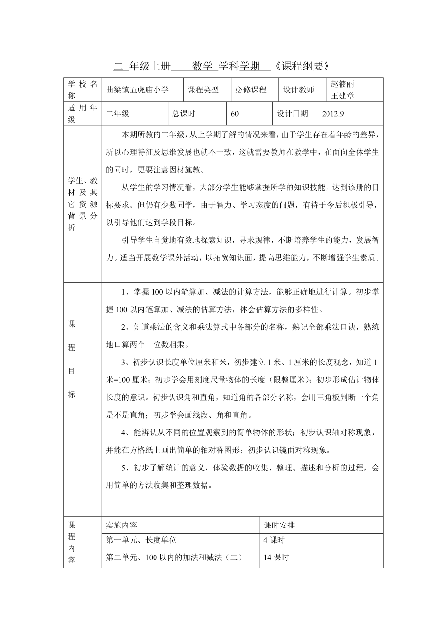 二 年級(jí)上冊(cè)數(shù)學(xué) 學(xué)科學(xué)期課程綱要_第1頁