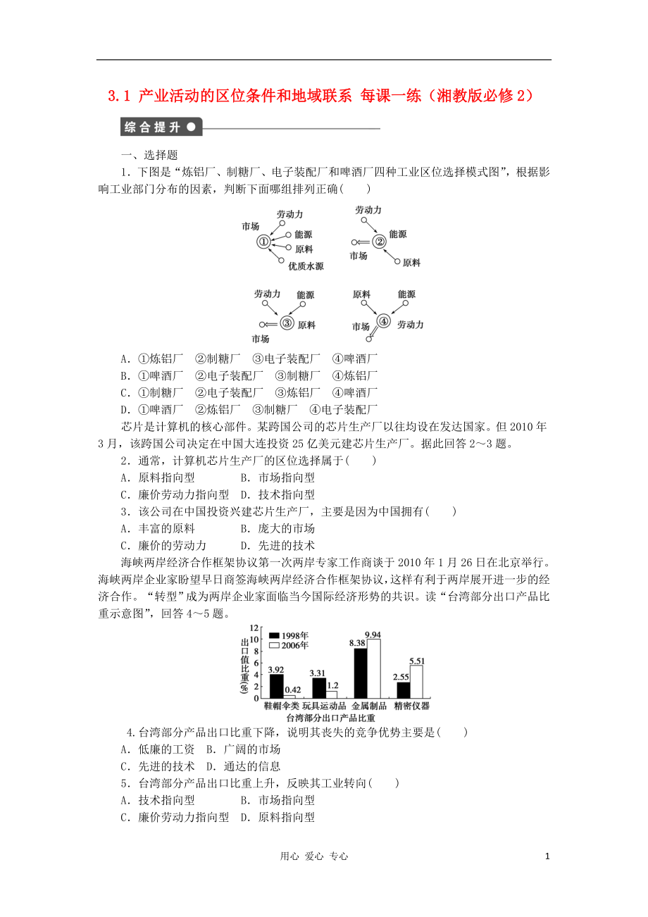 2012高中地理 3.1 產(chǎn)業(yè)活動的區(qū)位條件和地域聯(lián)系每課一練 湘教版必修2_第1頁