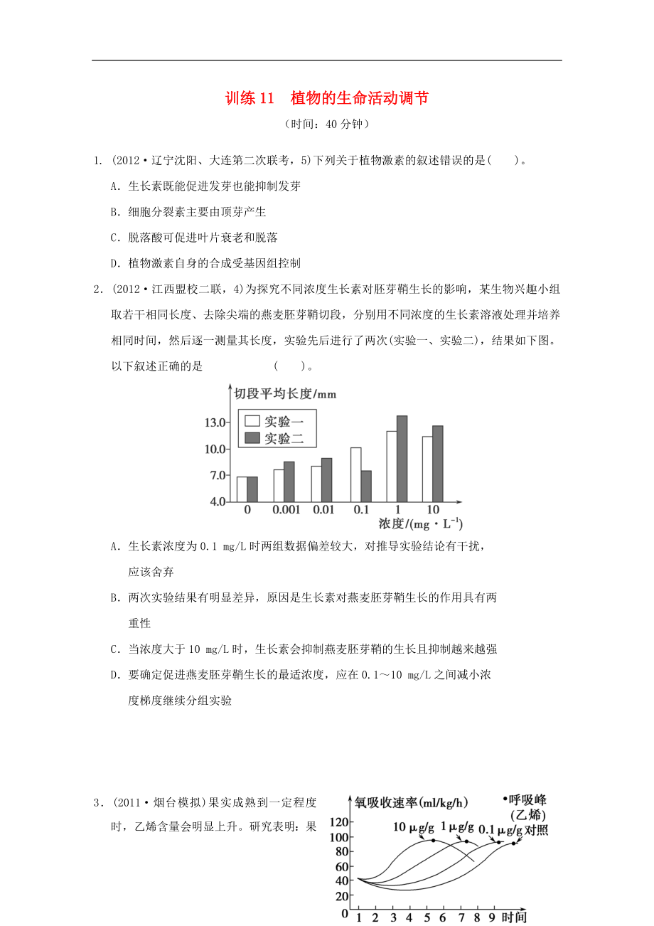 2013年高考生物沖刺復(fù)習(xí)訓(xùn)練 專題十一 植物的生命活動調(diào)節(jié)_第1頁