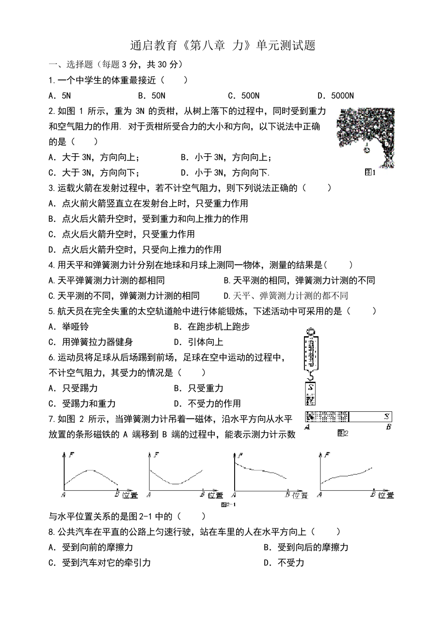 蘇科版《第八章_力》單元測試題_第1頁