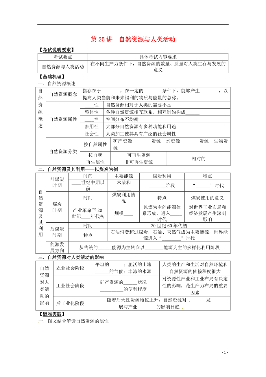 2014高考地理一輪全程復(fù)習(xí)方案 第25講 自然資源與人類活動 湘教版_第1頁