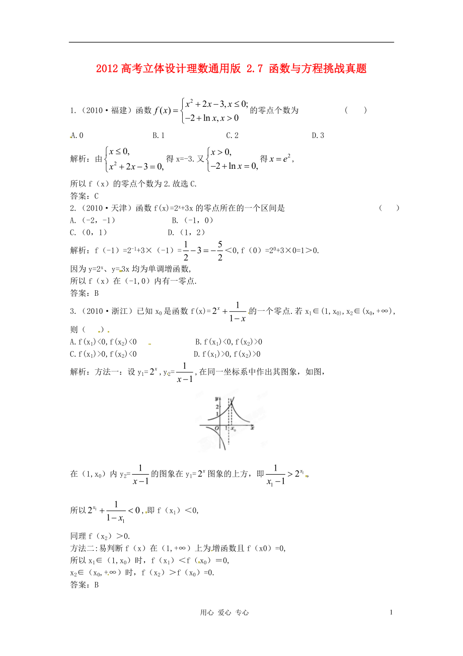 【立體設(shè)計(jì)】2012高考數(shù)學(xué) 2.7 函數(shù)與方程挑戰(zhàn)真題 理（通用版）_第1頁(yè)