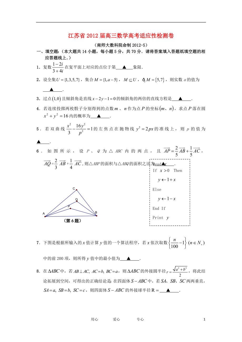 江苏省2012届高考数学适应性检测卷试题苏教版_第1页