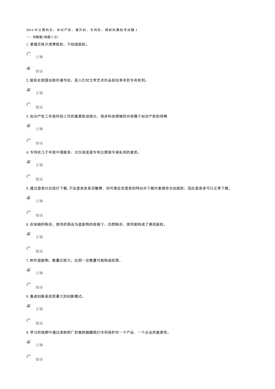 2014年公需科目：知识产权、著作权、专利权、商标权模拟考试题_第1页