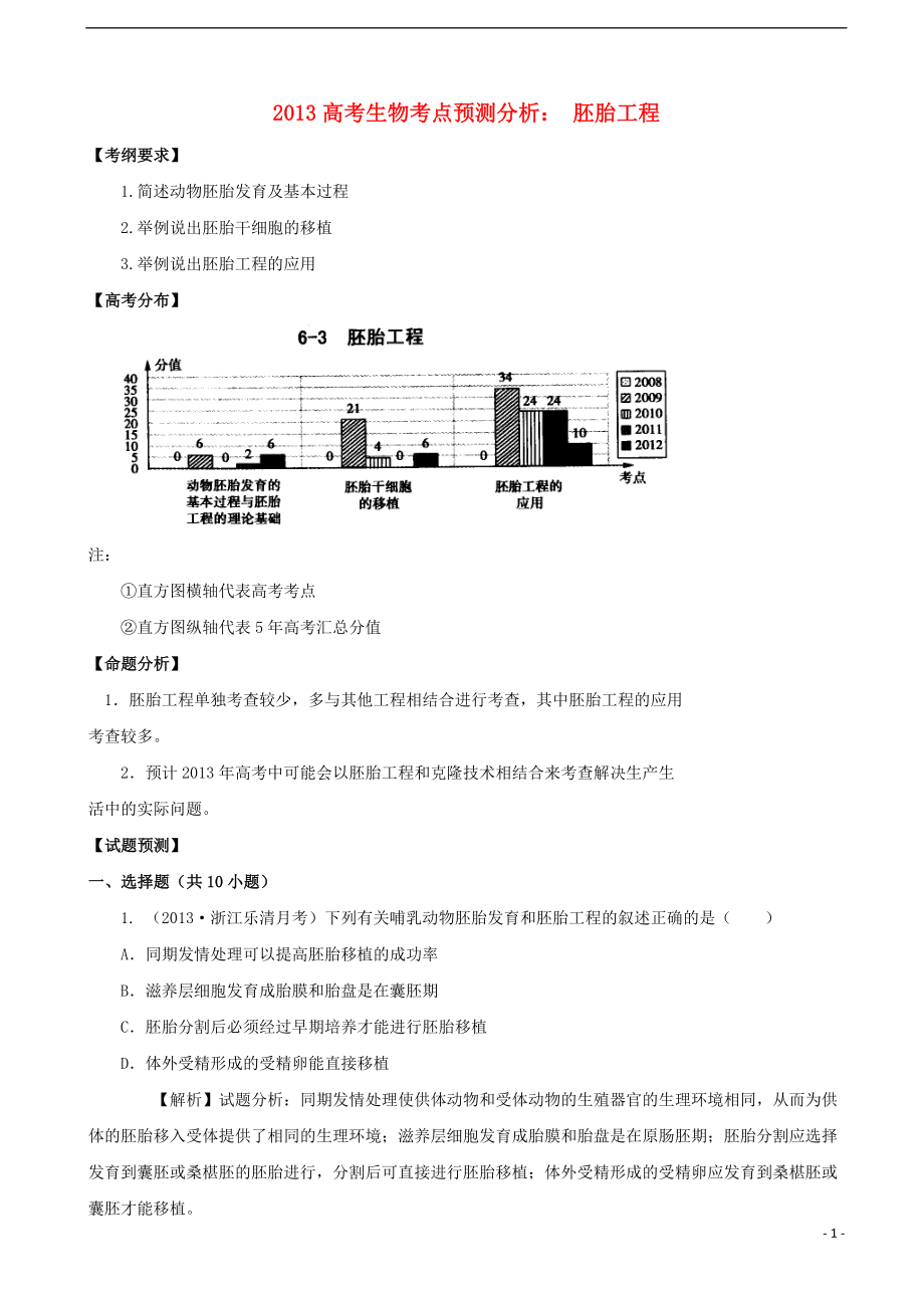 2013高考生物 考點(diǎn)預(yù)測(cè)分析 胚胎工程（含解析）新人教版_第1頁(yè)