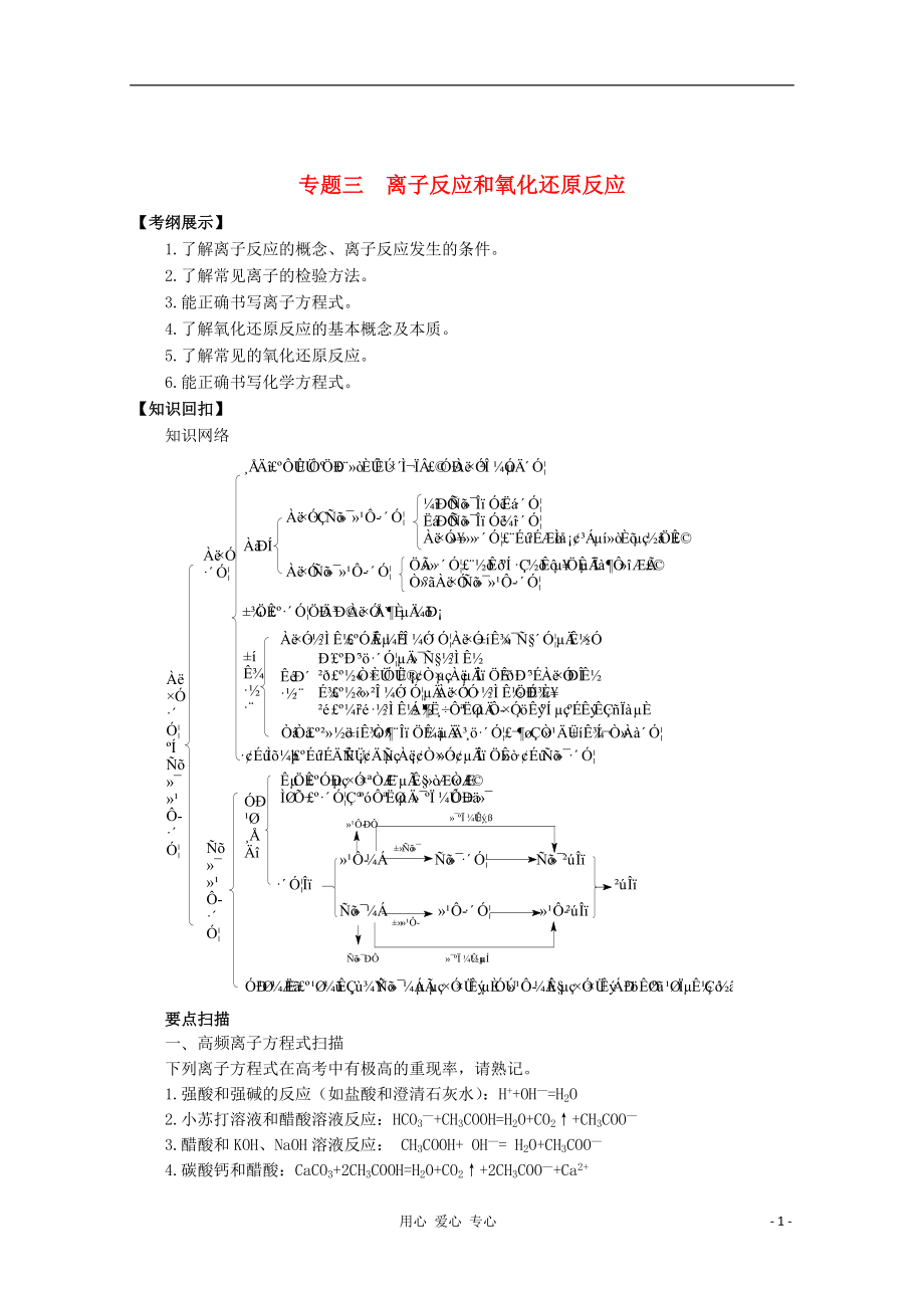 2012高三化學(xué)二輪復(fù)習(xí) 專題三 離子反應(yīng)和氧化還原反應(yīng)學(xué)案_第1頁