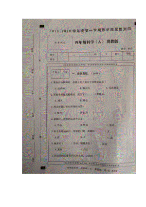 度第一學期教學質(zhì)量檢測四 四年級科學(A)冀教版 （圖片版無答案）