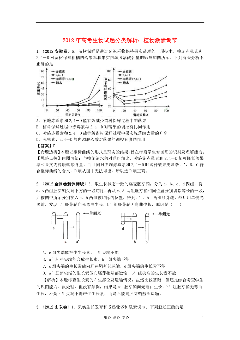 2012年高考生物試題分類解析 植物激素調(diào)節(jié)_第1頁