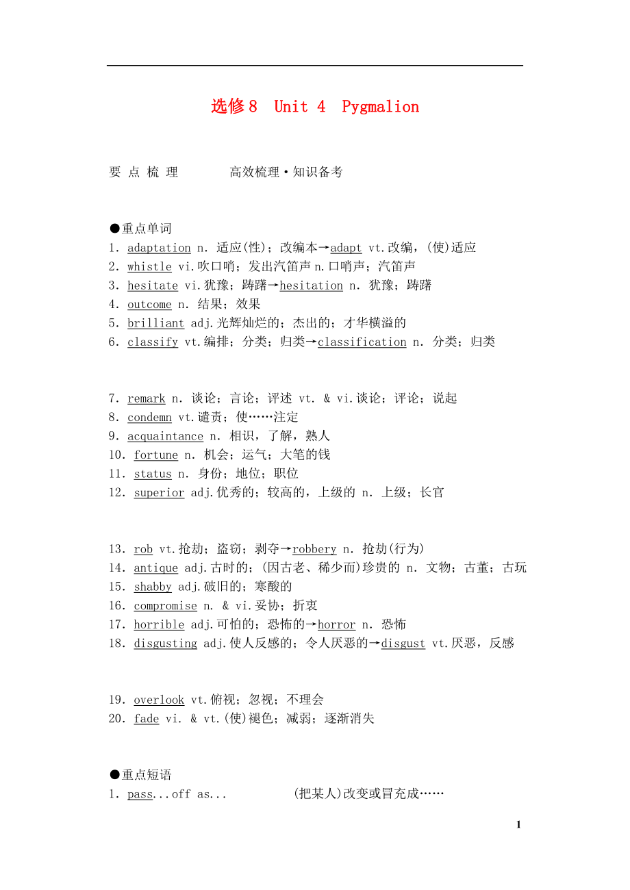 2011年高考英語 Unit 4 Pygmalion要點梳理 重點突破 新人教版選修8_第1頁