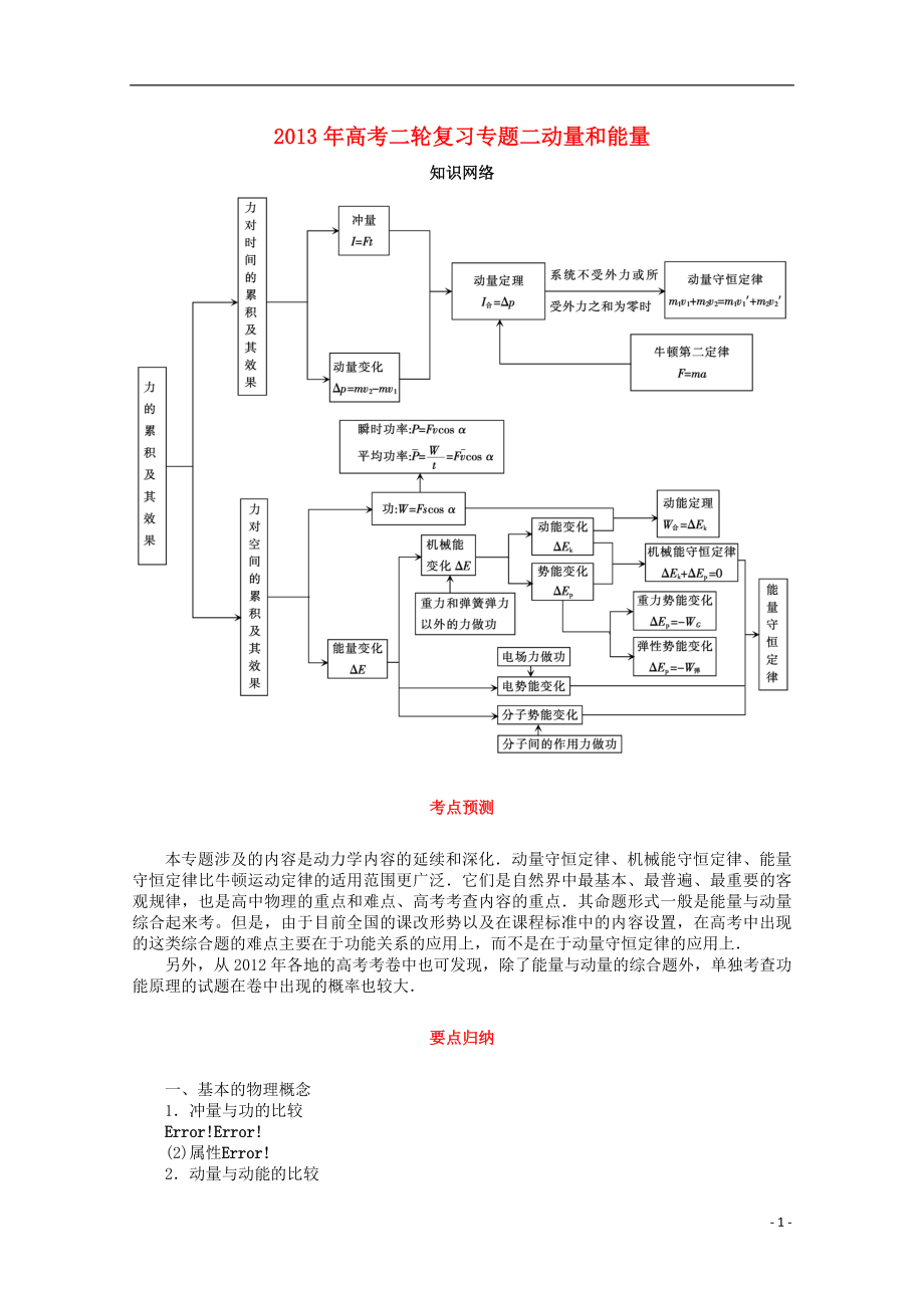 2013年高考物理二輪復習 專題二 動量和能量_第1頁