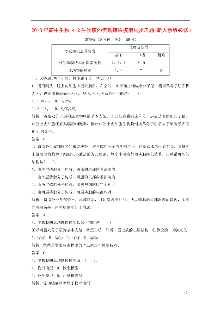 2013年高中生物 4-2生物膜的流動(dòng)鑲嵌模型同步習(xí)題 新人教版必修1_第1頁