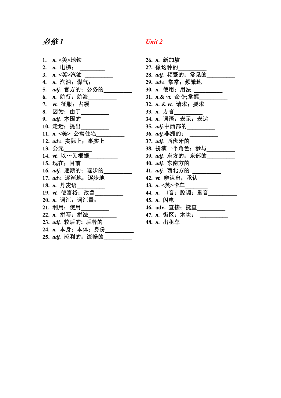 新课标人教版高中英语必修1单词(默写用)_第1页