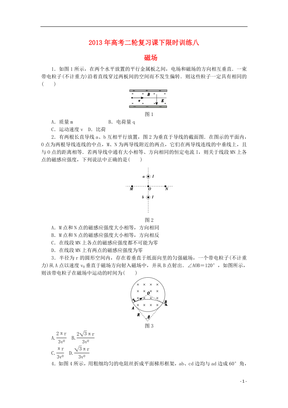 2013年高考物理二輪復(fù)習(xí) 課下限時(shí)訓(xùn)練八 磁場(chǎng)_第1頁(yè)