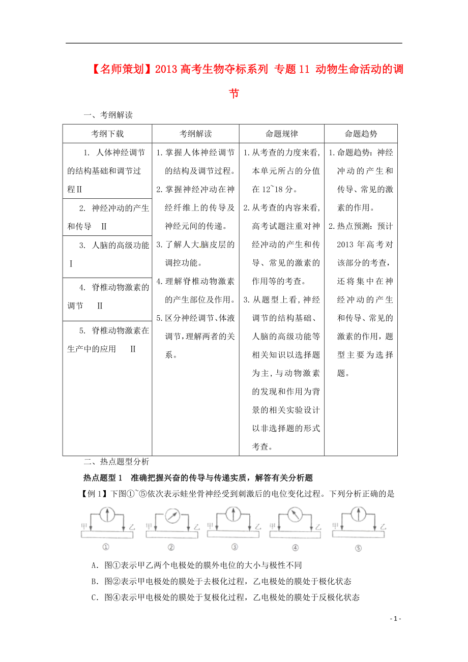 （名师策划）2013届高三生物 夺标系列（考纲解读 题型攻略 解题技巧）专题11 动物生命活动的调节（含解析）_第1页