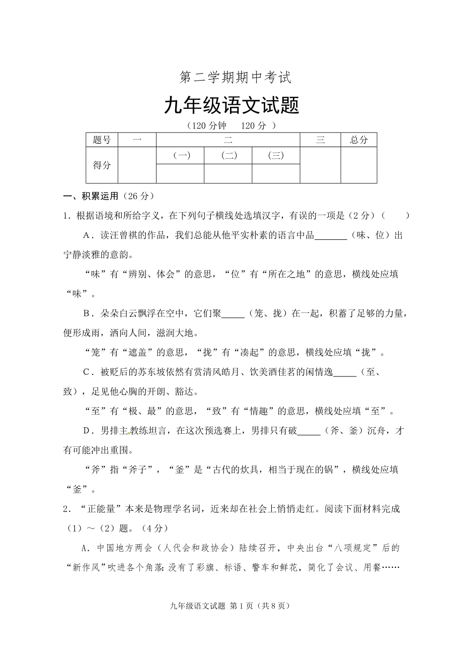 北师大版初中语文九年级下册期末试题_第1页