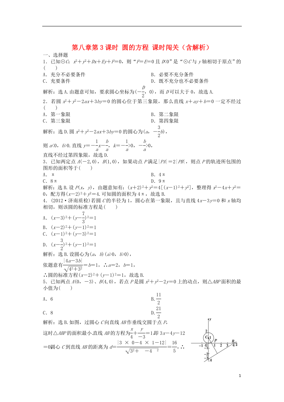 （安徽專用）2013年高考數(shù)學(xué)總復(fù)習(xí) 第八章第3課時(shí) 圓的方程課時(shí)闖關(guān)（含解析）_第1頁(yè)