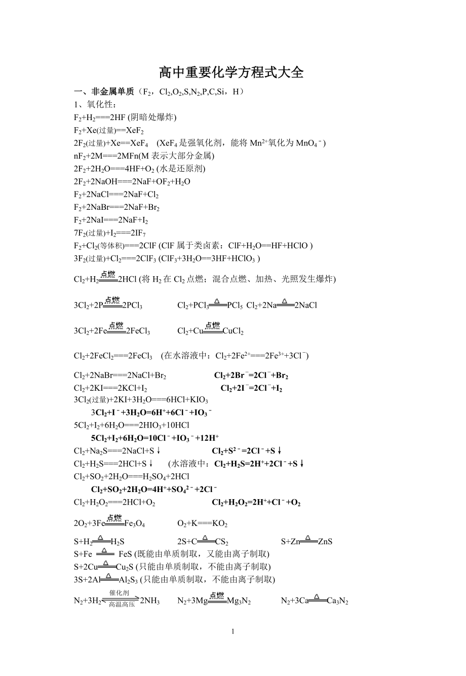 高中重要化学方程式大全_第1页